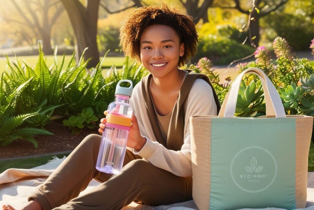 Person practicing green living tips with a reusable water bottle in a park.