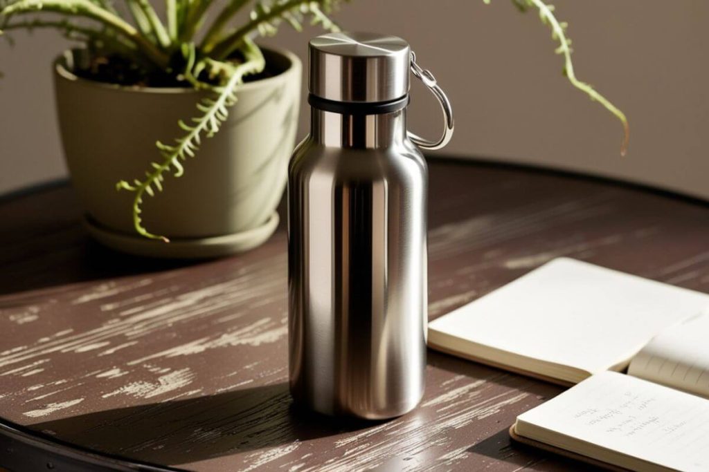 Reusable water bottle for green living tips on a sustainable workspace.