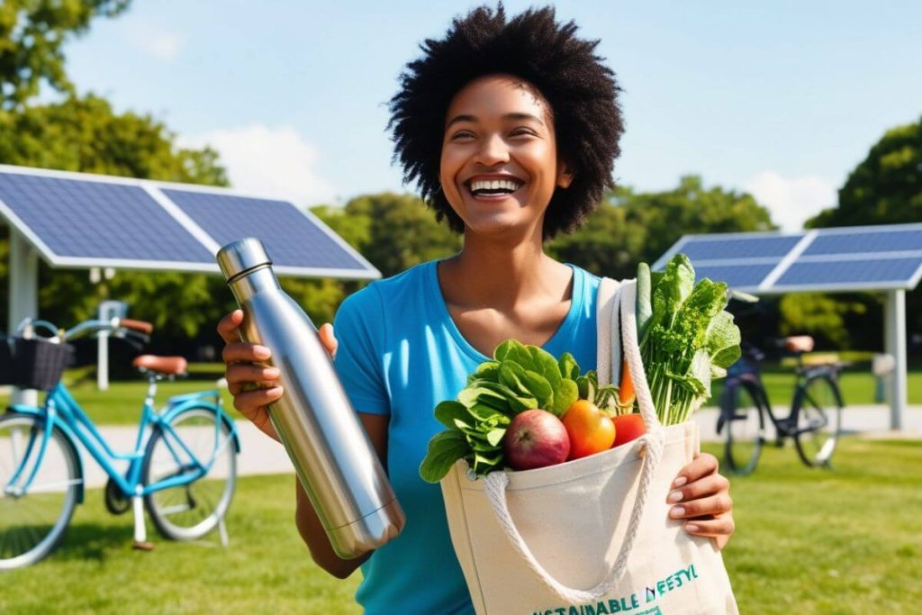 Person practicing green living tips with a reusable water bottle and tote bag in a sustainable park setting.