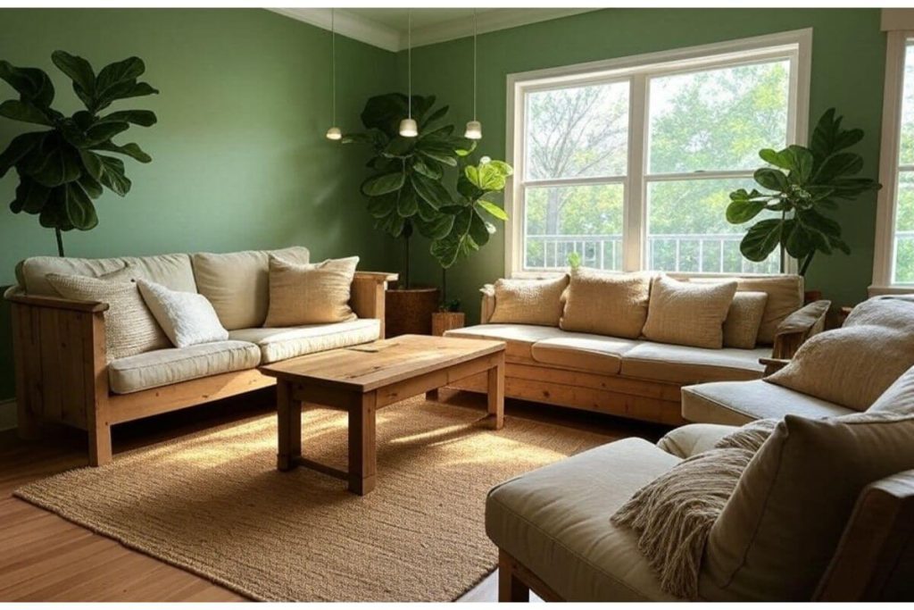 Eco-friendly living room by an interior designer near me, featuring reclaimed wood furniture, low-VOC paint, LED lights, and indoor plants for a sustainable home.”