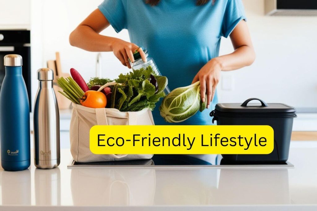 Person practicing an eco-friendly lifestyle in a sustainable kitchen with reusable items and compost bin."