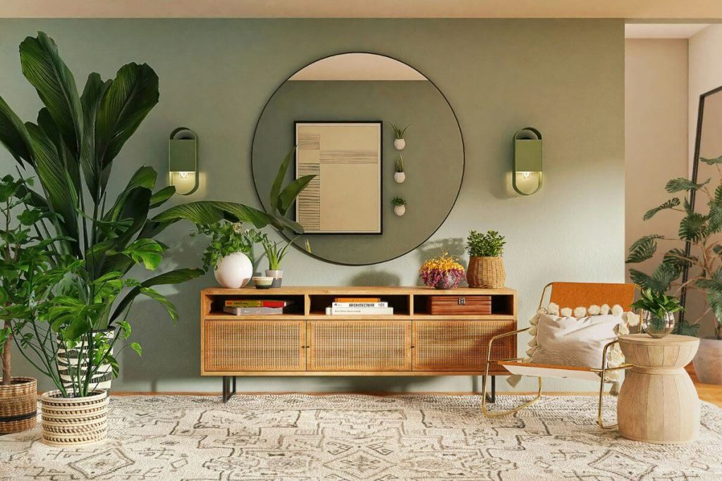 Cozy small house living room with light-colored walls, a sofa bed, floating shelves with plants, and a large mirror, showcasing simple home decoration ideas for small houses.