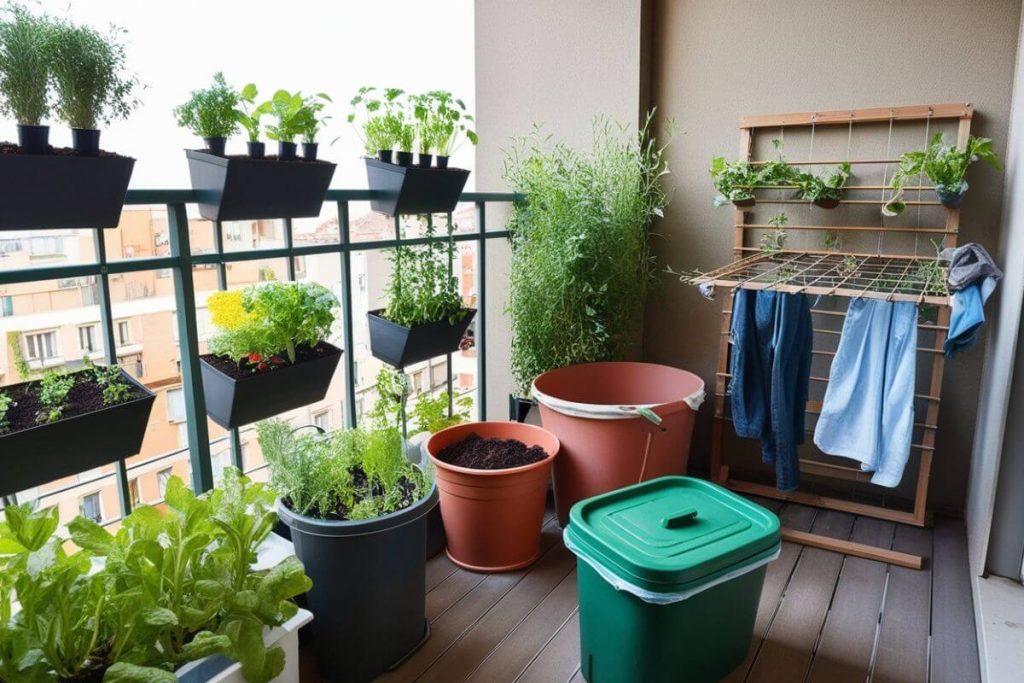 Sustainable living tips for apartments with vertical garden and compost bin on balcony