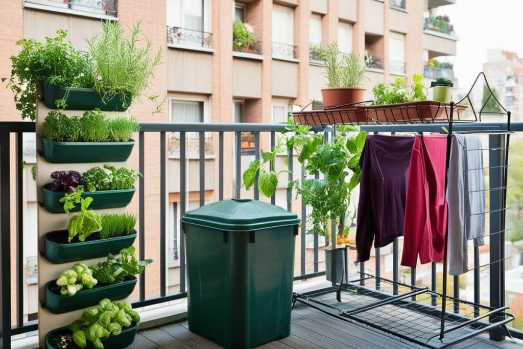 Sustainable living tips for apartments with vertical garden and compost bin on balcony