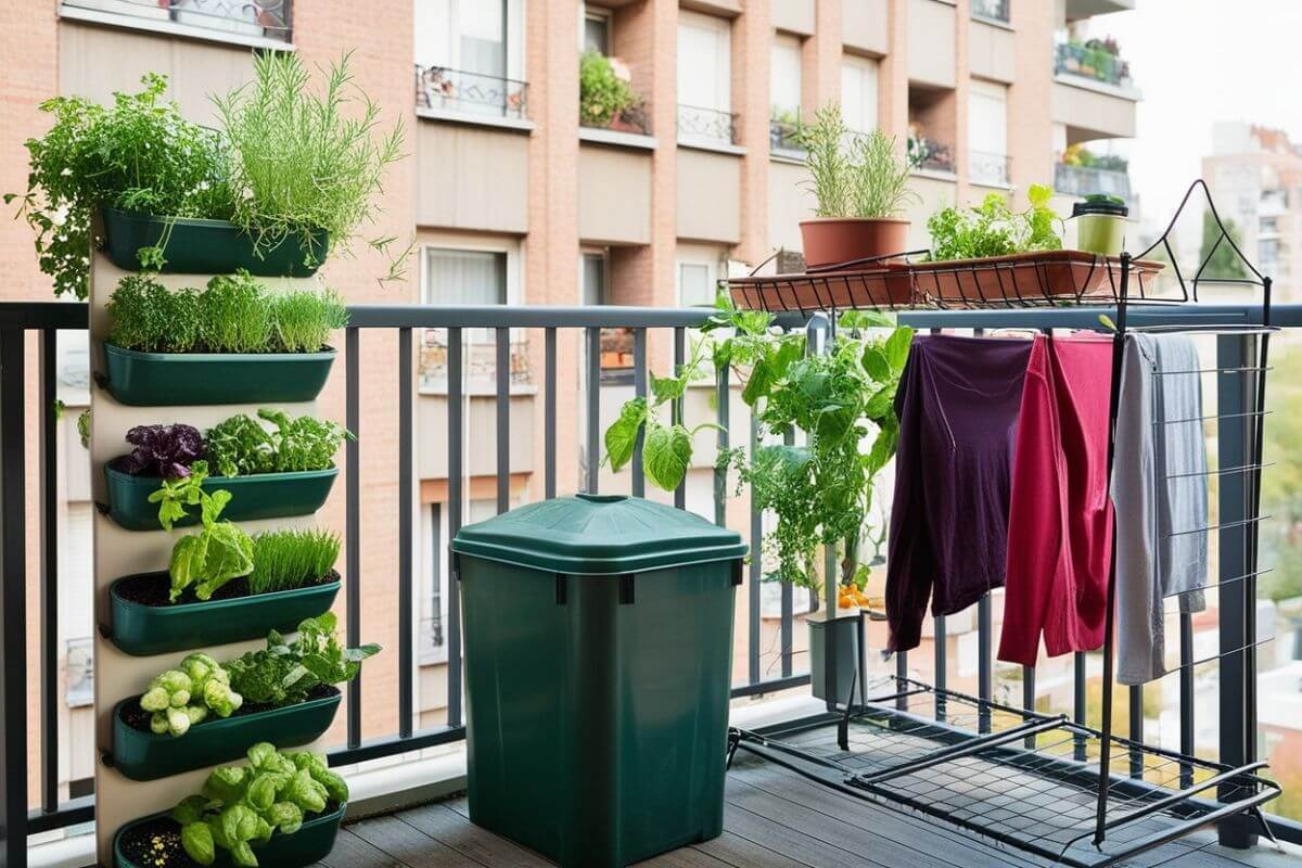 Sustainable living tips for apartments with vertical garden and compost bin on balcony