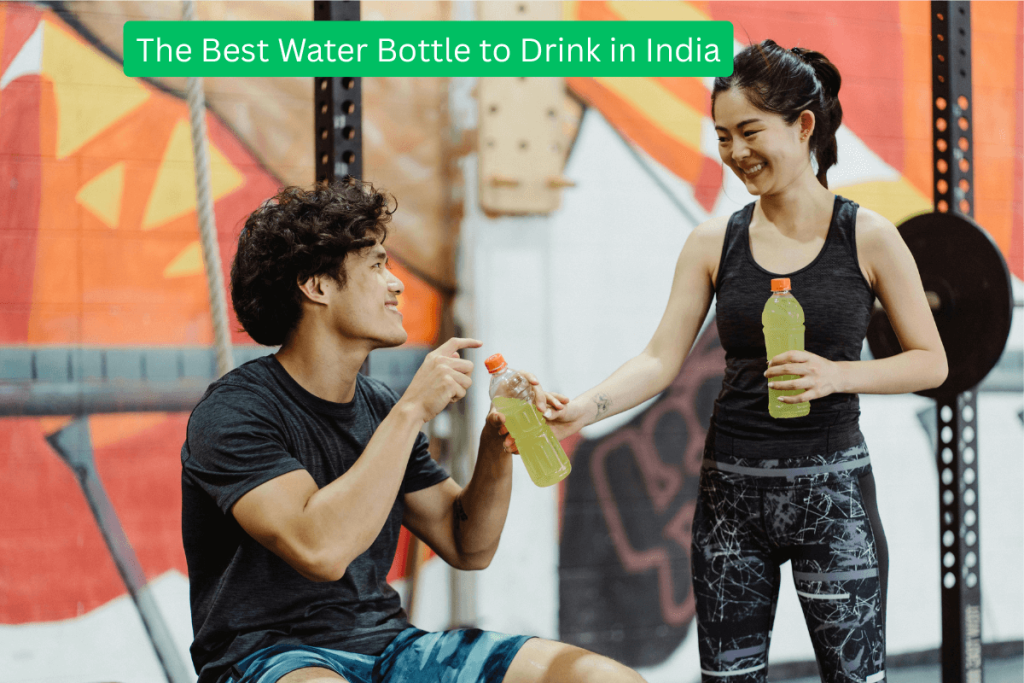 “Collection of the best water bottles to drink in India, including Milton Aqua, Hydro Flask, and Bisleri, displayed on a vibrant Indian market table with a Himalayan background.”