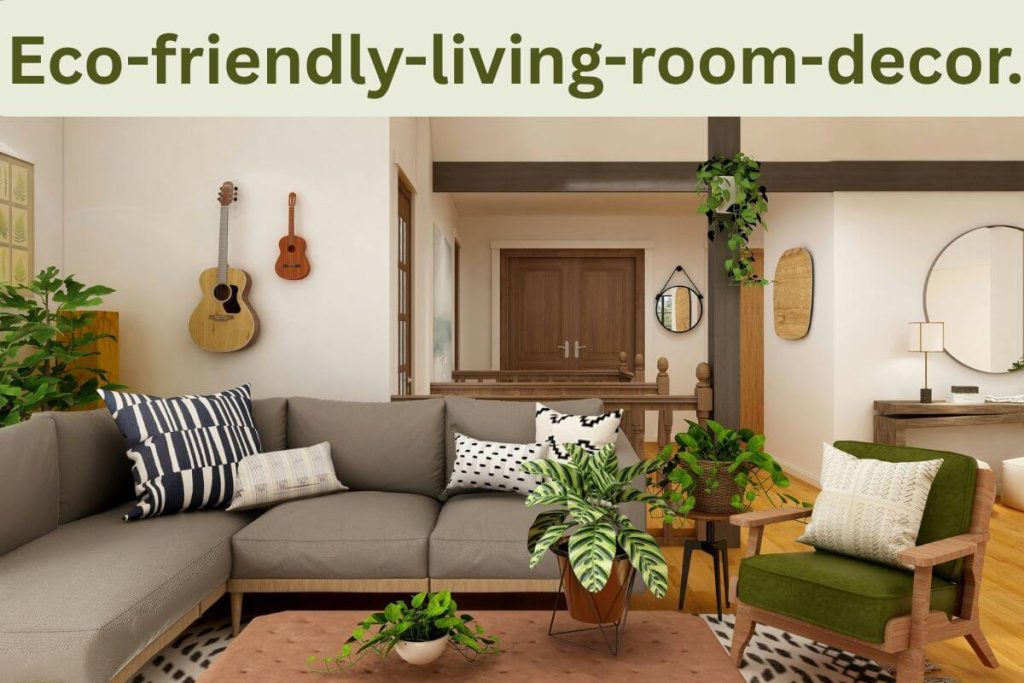 Eco-friendly living room decor with reclaimed wood coffee table, organic linen sofa, jute rug, and snake plant in a thrifted pot.