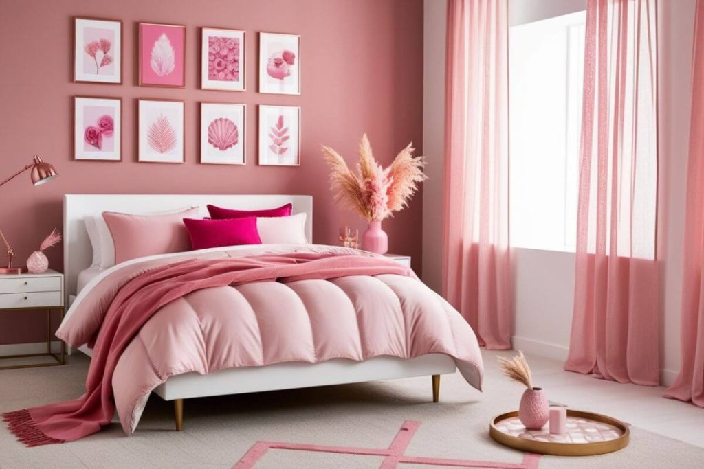 Modern 2025 bedroom with pink accessories and decor, featuring blush pink bedding, hot pink pillows, a dusty pink accent wall, rose gold lamp, and shell pink curtains