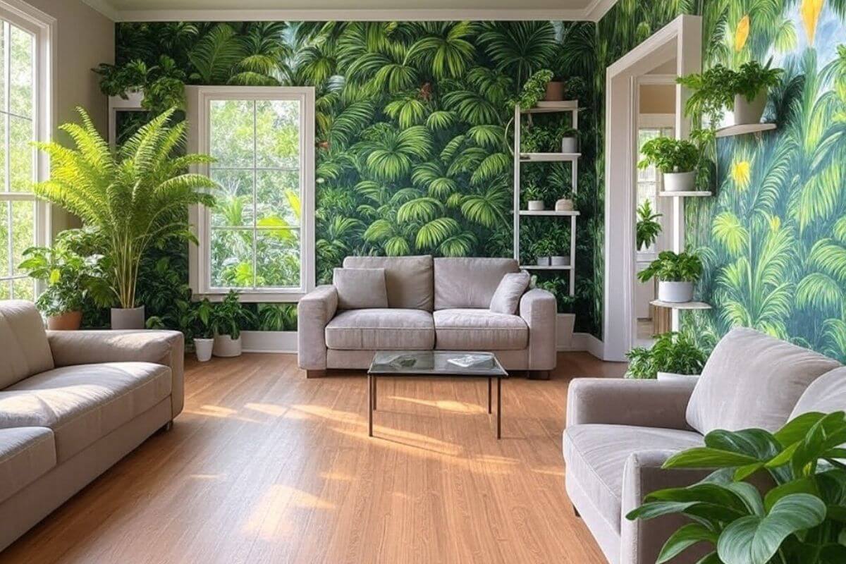 A cozy rental living room showcasing renter-friendly decor ideas like peel-and-stick wallpaper and vibrant plants.