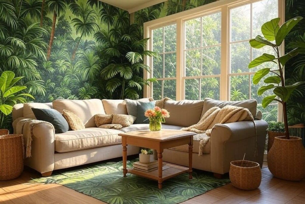 A cozy rental living room showcasing renter-friendly decor ideas like peel-and-stick wallpaper and vibrant plants.

