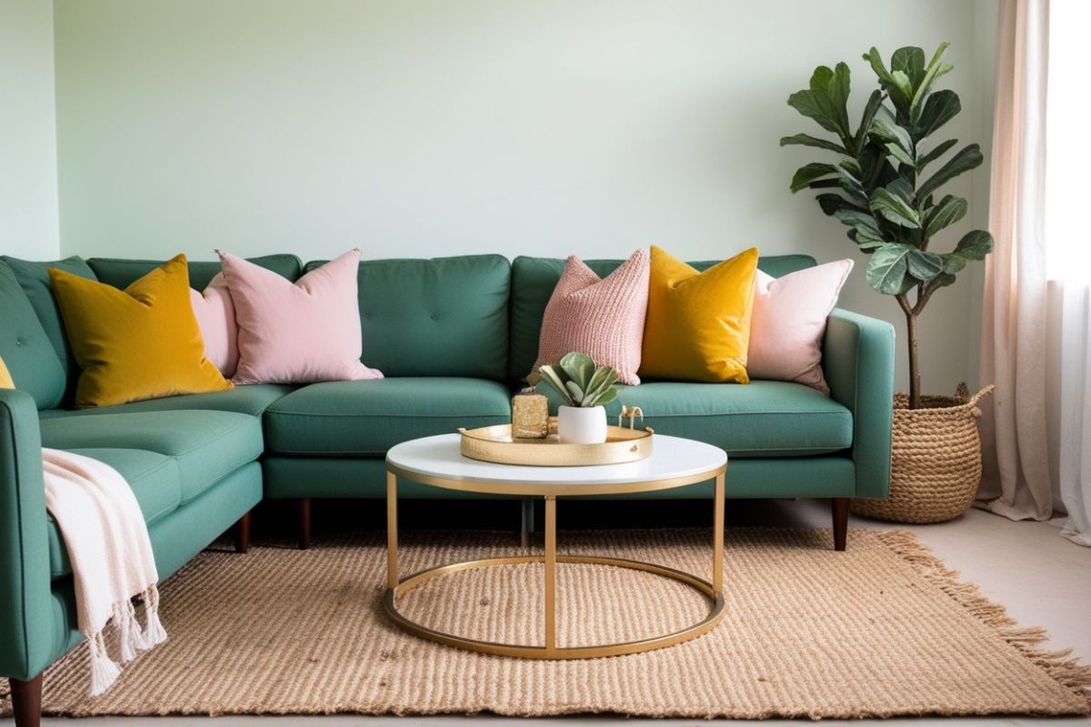 Cozy green living room with sage green sofa, mustard yellow and blush pink pillows, jute rug, fiddle-leaf fig, and gold coffee table.