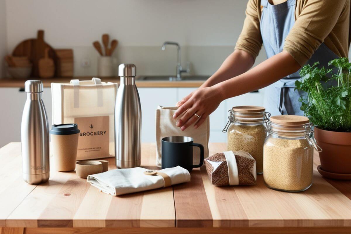 Eco-friendly lifestyle hacks including reusable water bottle, cloth bags, and bulk food jars on a wooden table"