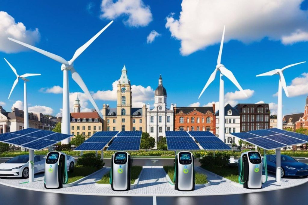 Cityscape featuring Eco-Friendly Technologies for Sustainable Living with renewable energy solutions.

