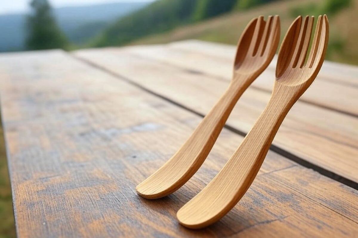Eco-friendly wooden cutlery set on sustainable table setting